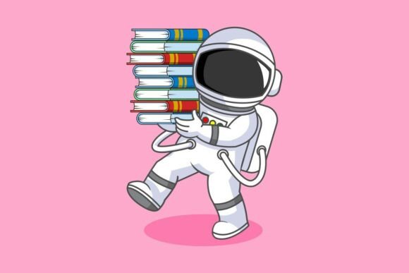 Cute Astronaut with Stack of Books