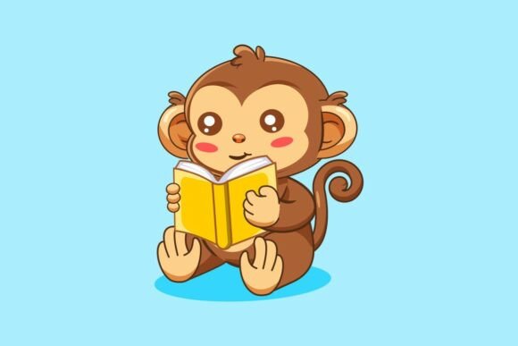 Cute Cartoon Monkey Reading a Book Vector Art