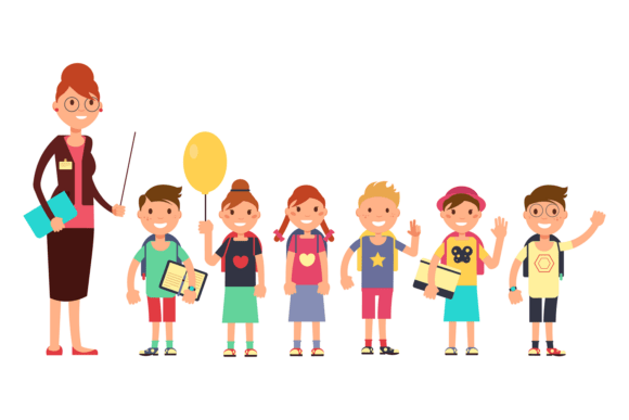 Teacher with School Kids: Cartoon Child Visuals